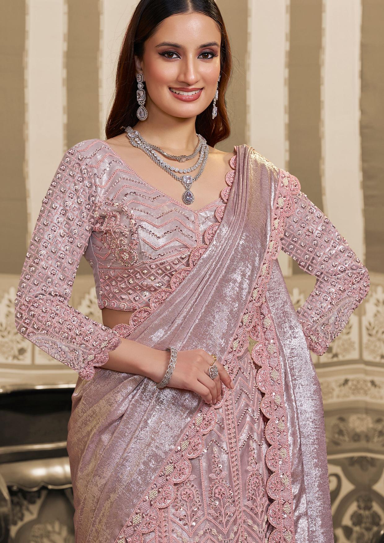 Pink Foil Satin Beads and Sequin Lehenga Style Saree