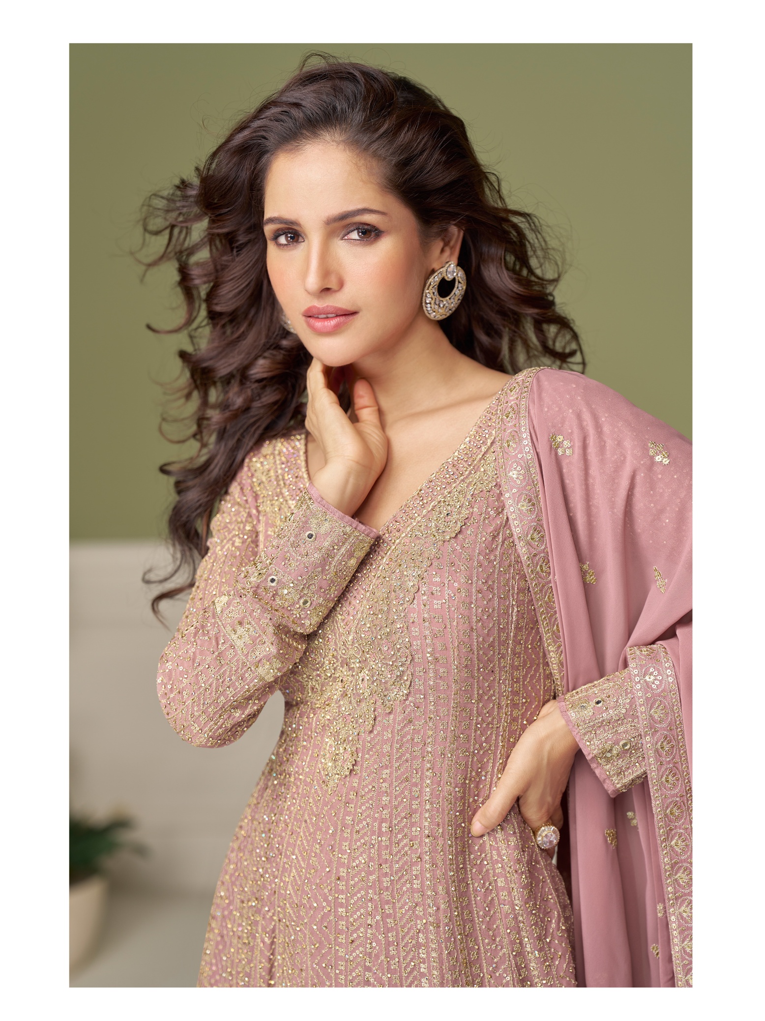 Pink Geometric Designer Embroidery Georgette Palazzo Suit — alternate view