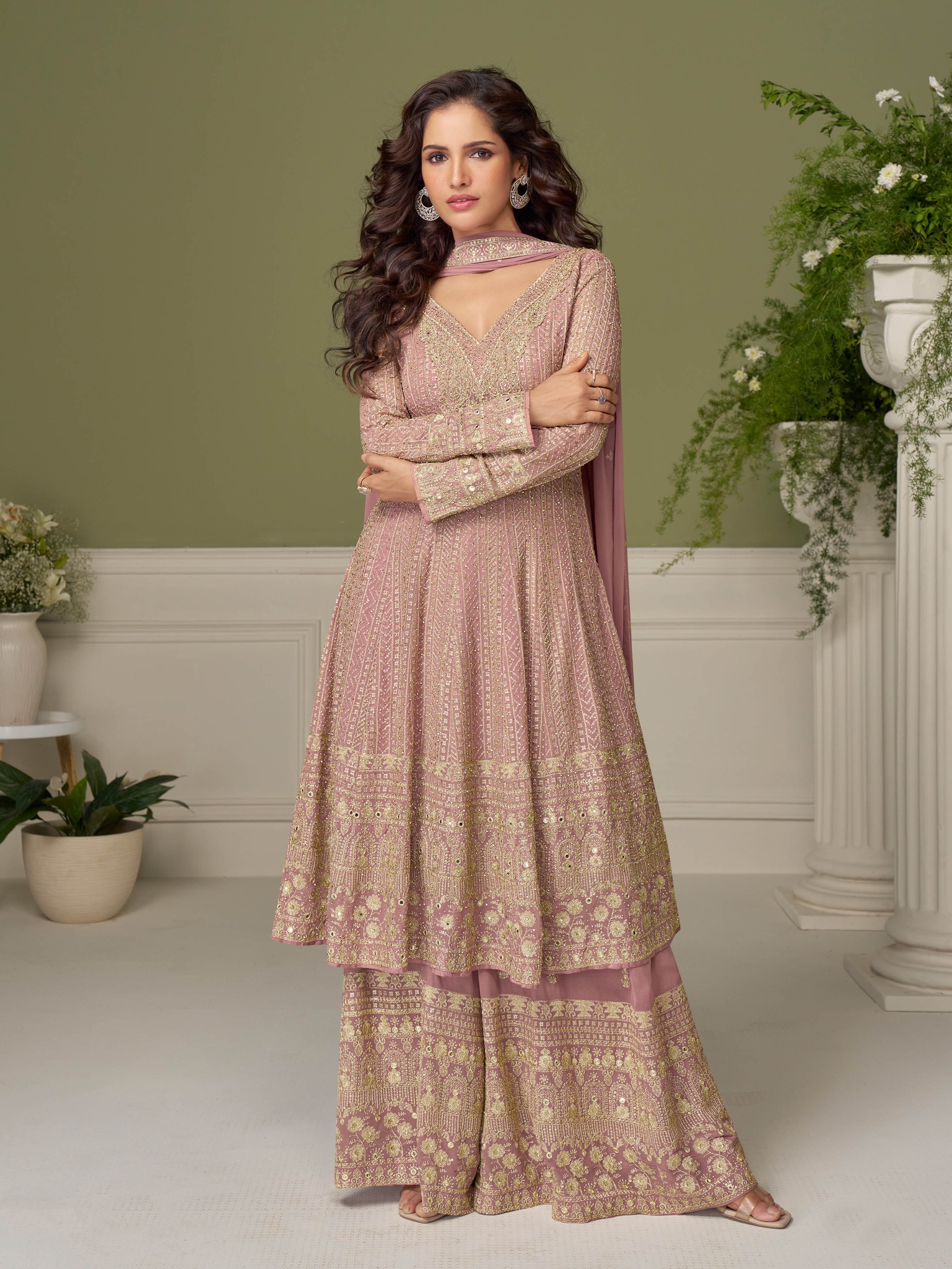 Pink Geometric Designer Embroidery Georgette Palazzo Suit