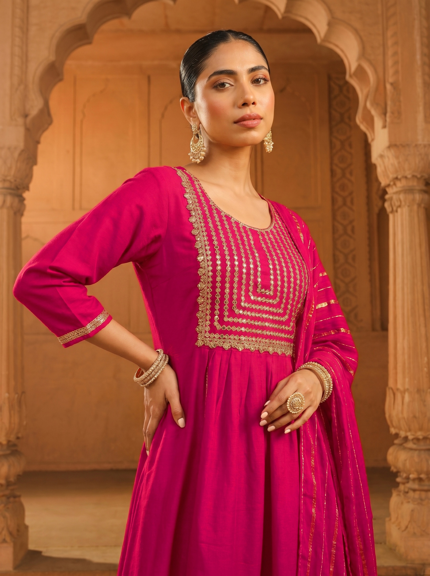 Pink Geometric Designer Embroidery Viscose Silk Anarkali Suit
