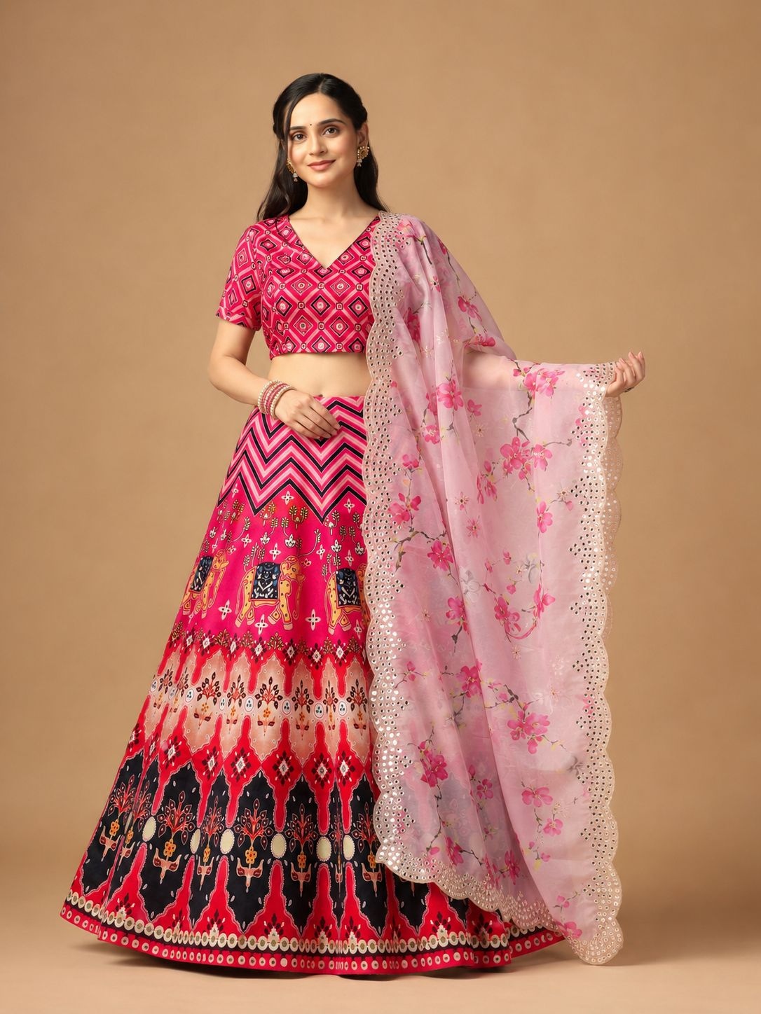 Pink Geometric Designer Printed Satin Silk Lehenga Choli