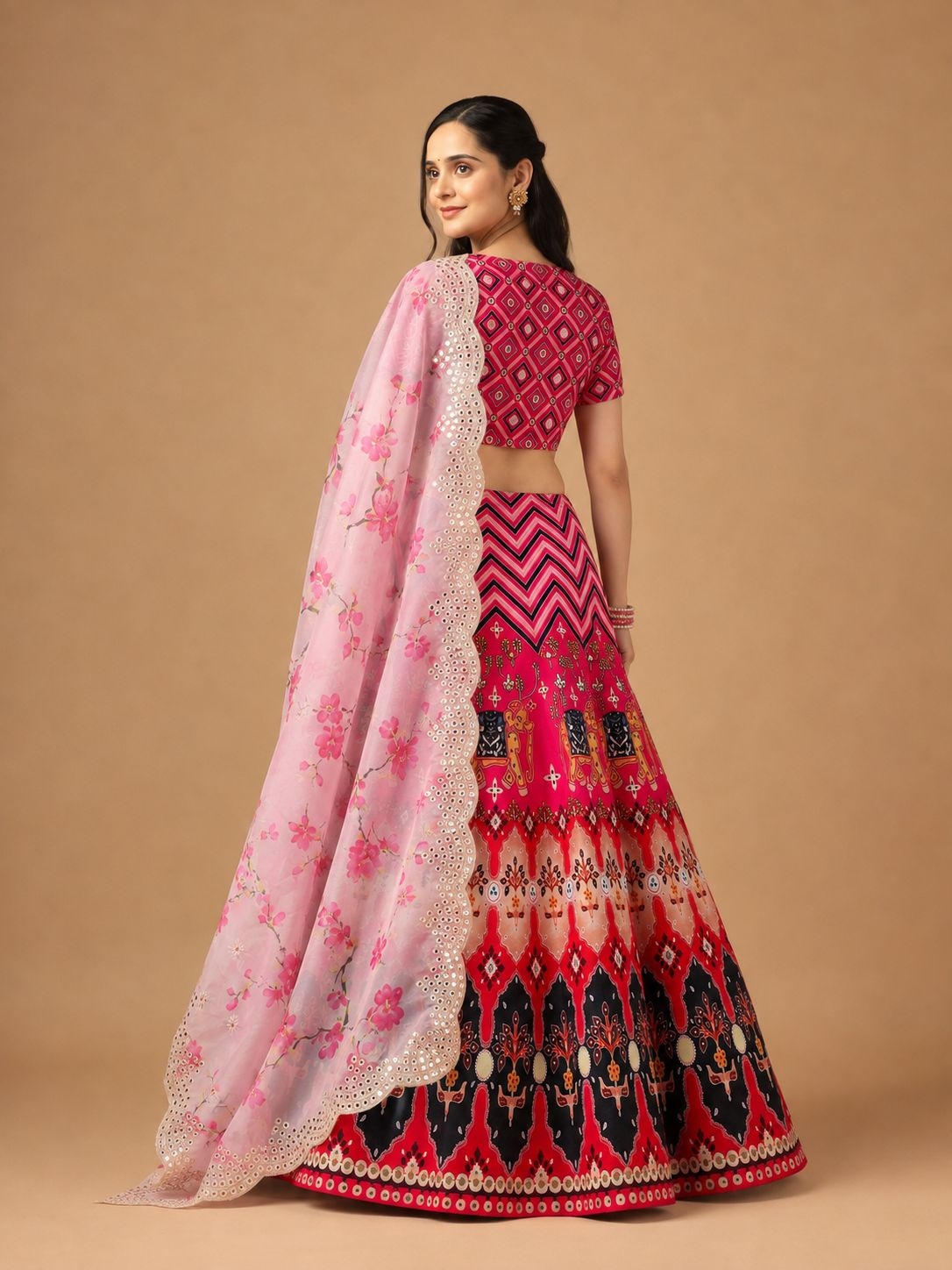 Pink Geometric Designer Printed Satin Silk Lehenga Choli — alternate view