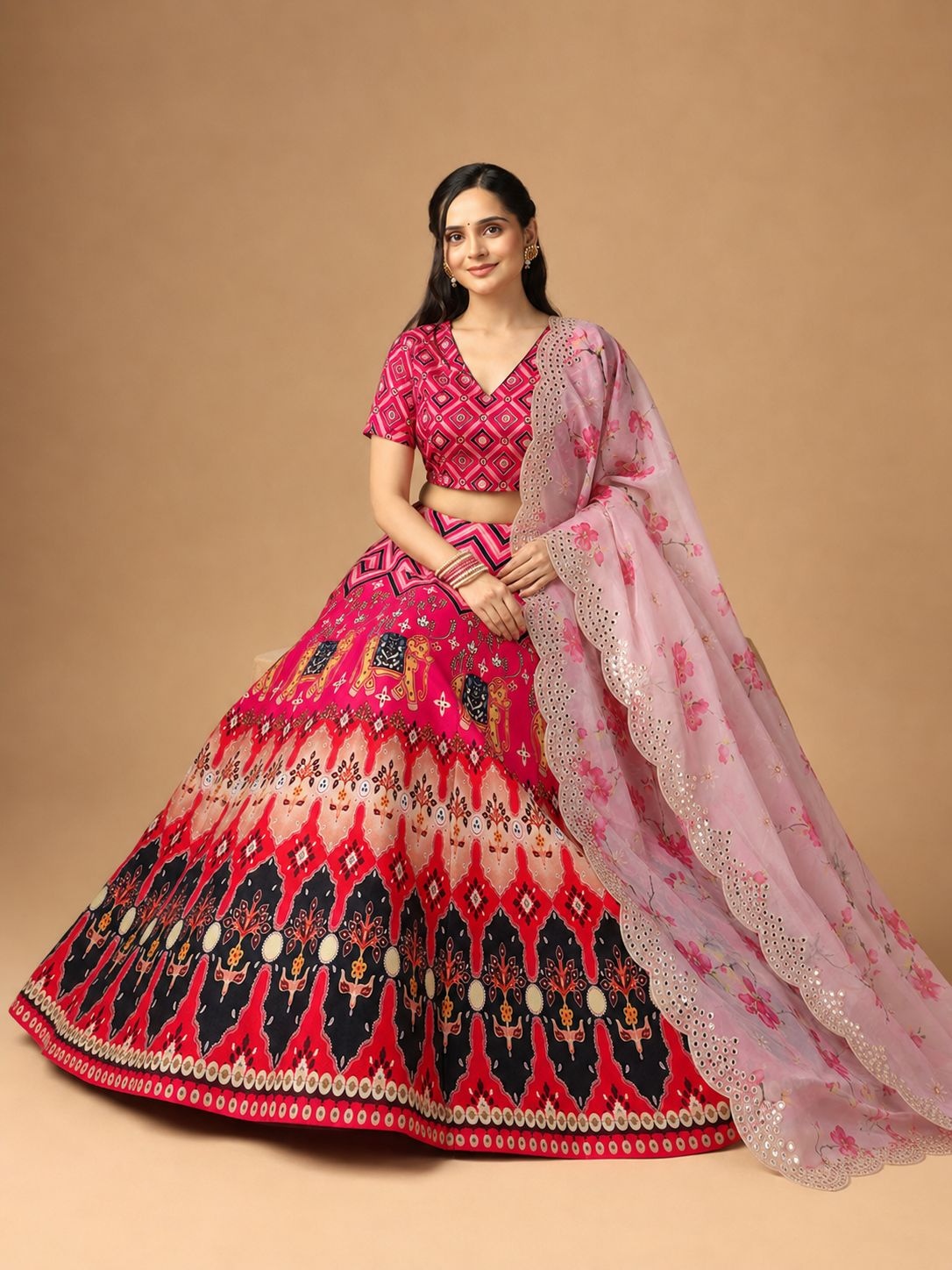 Pink Geometric Designer Printed Satin Silk Lehenga Choli
