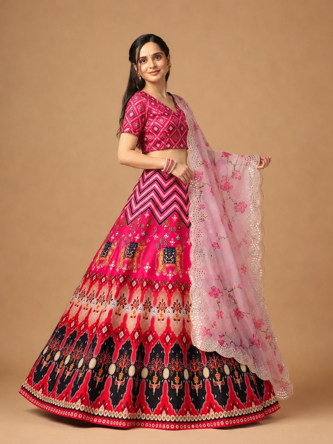 Pink Geometric Designer Printed Satin Silk Lehenga Choli
