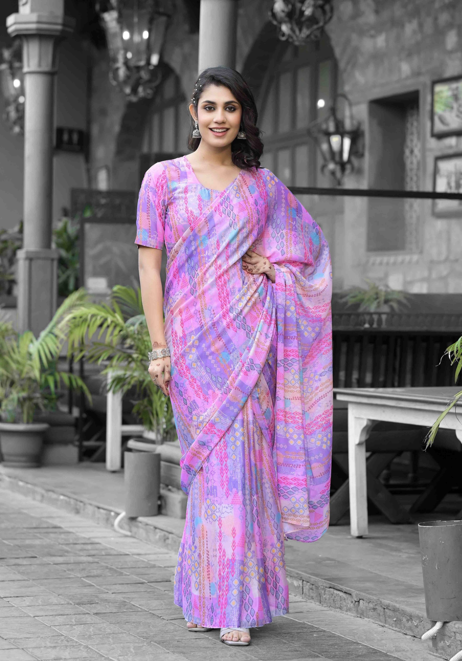 Pink Geometric Digital Print Georgette Saree Gown