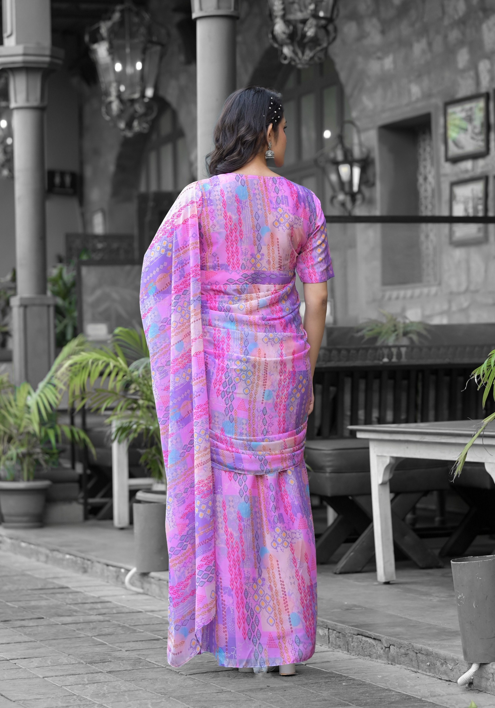 Pink Geometric Digital Print Georgette Saree Gown — alternate view