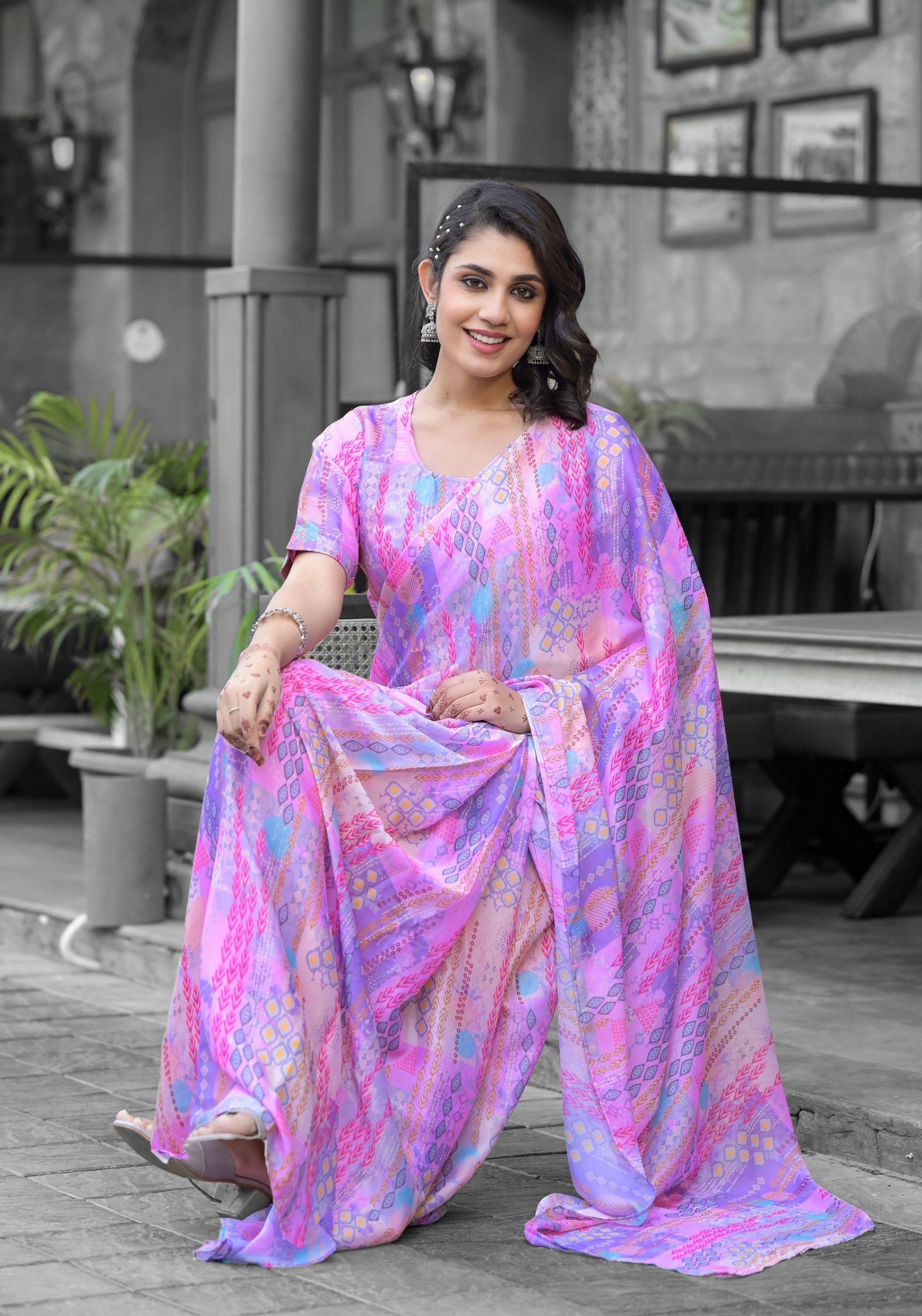 Pink Geometric Digital Print Georgette Saree Gown