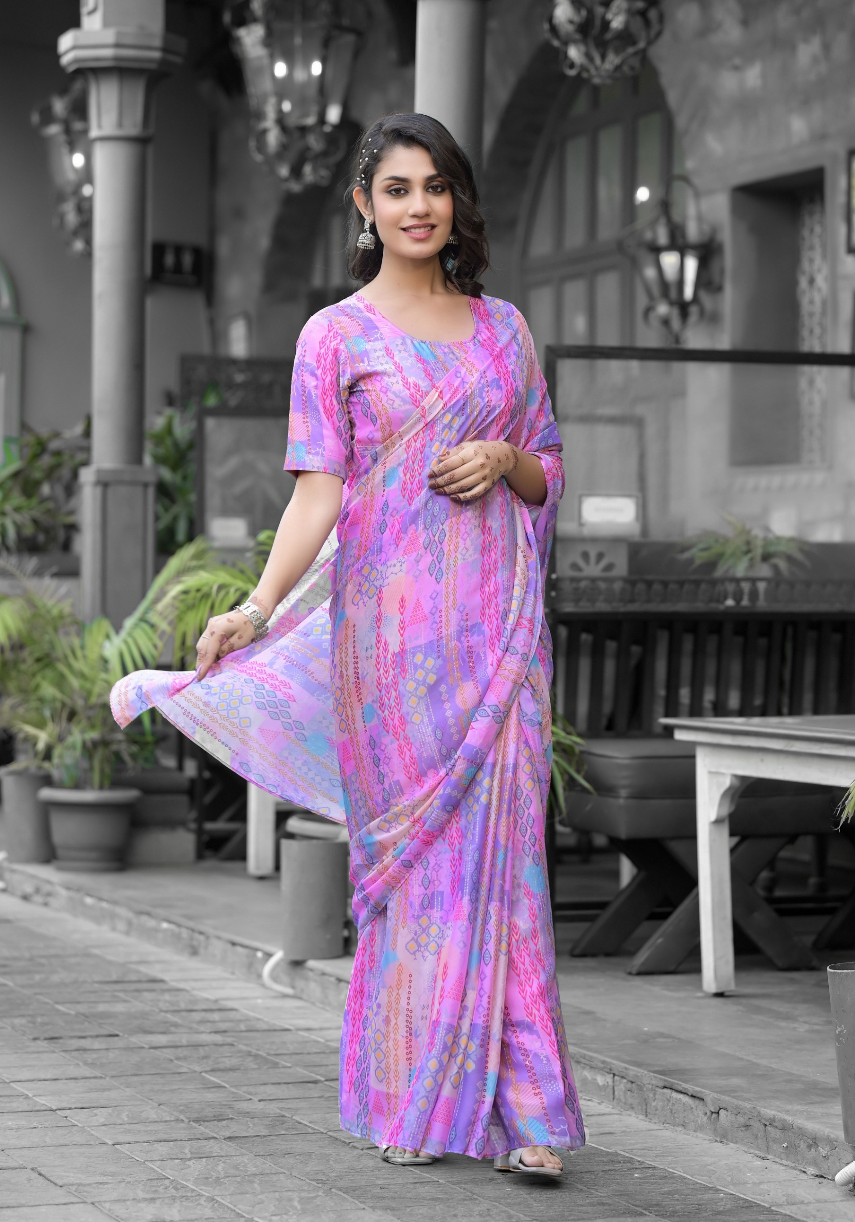Pink Geometric Digital Print Georgette Saree Gown
