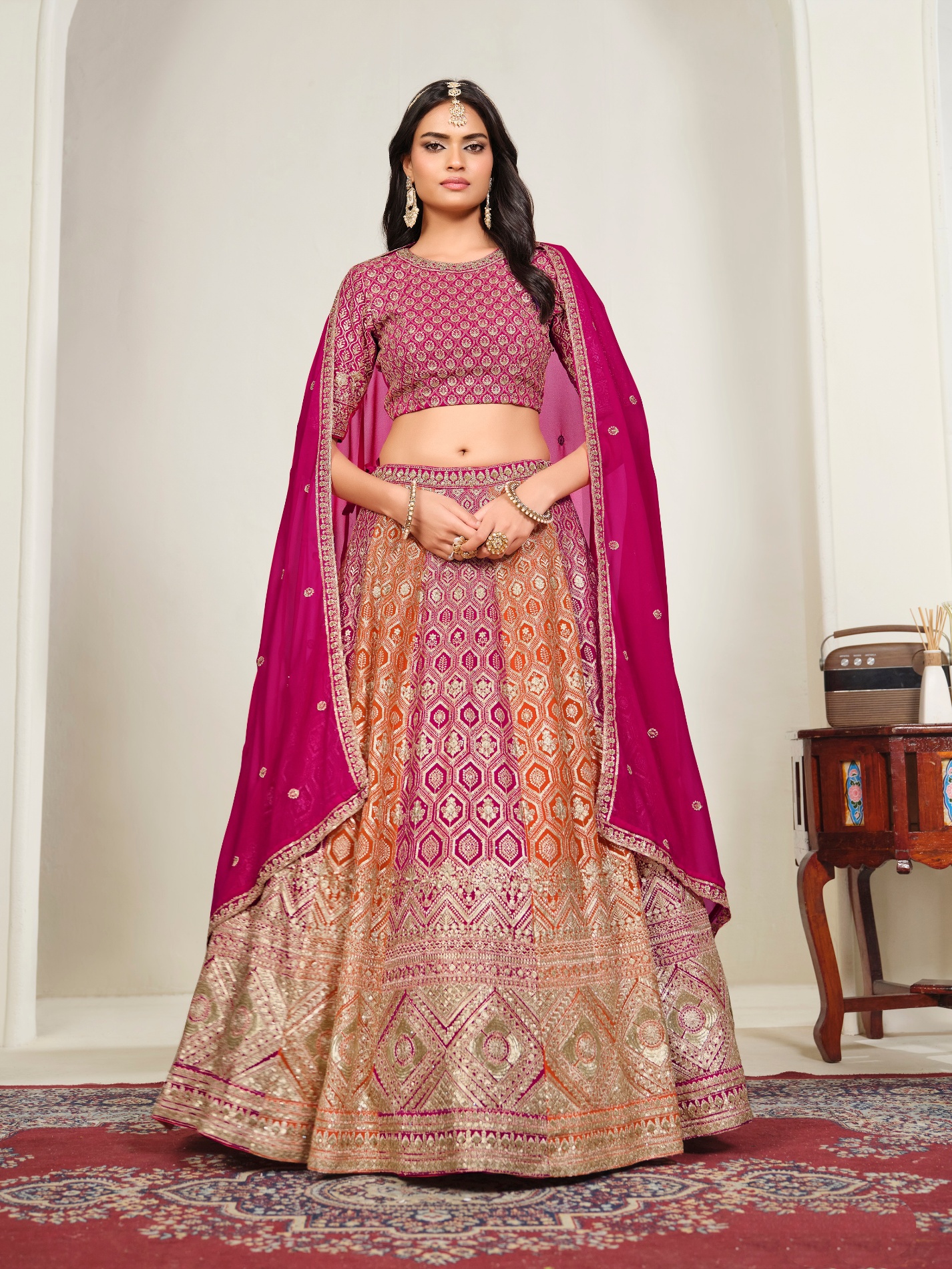 Pink Geometric Embroidered Faux Georgette Lehenga Choli