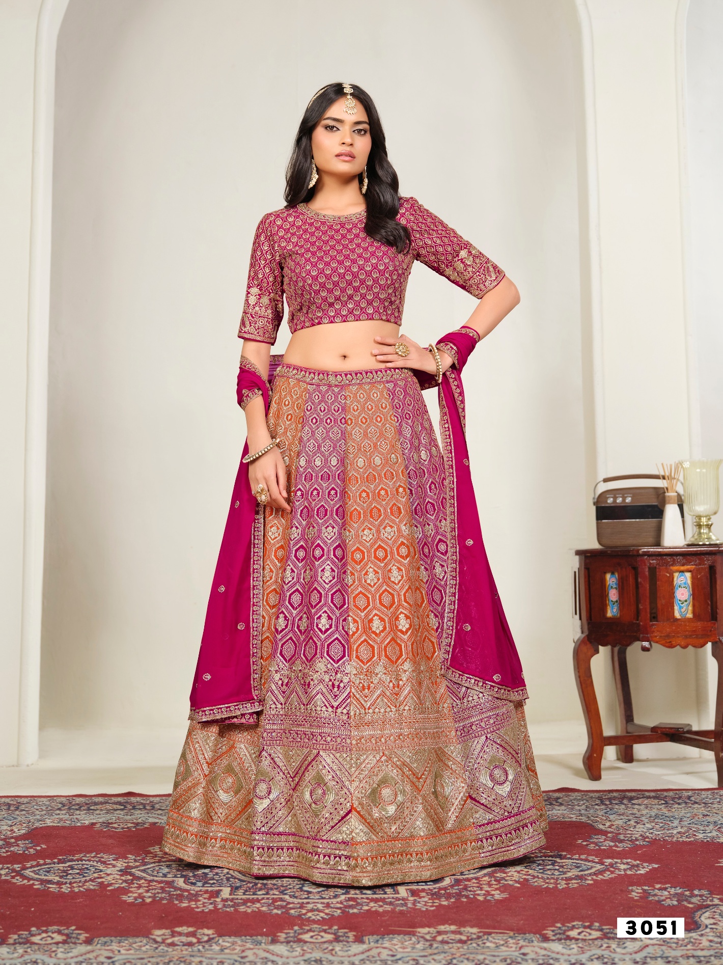 Pink Geometric Embroidered Faux Georgette Lehenga Choli