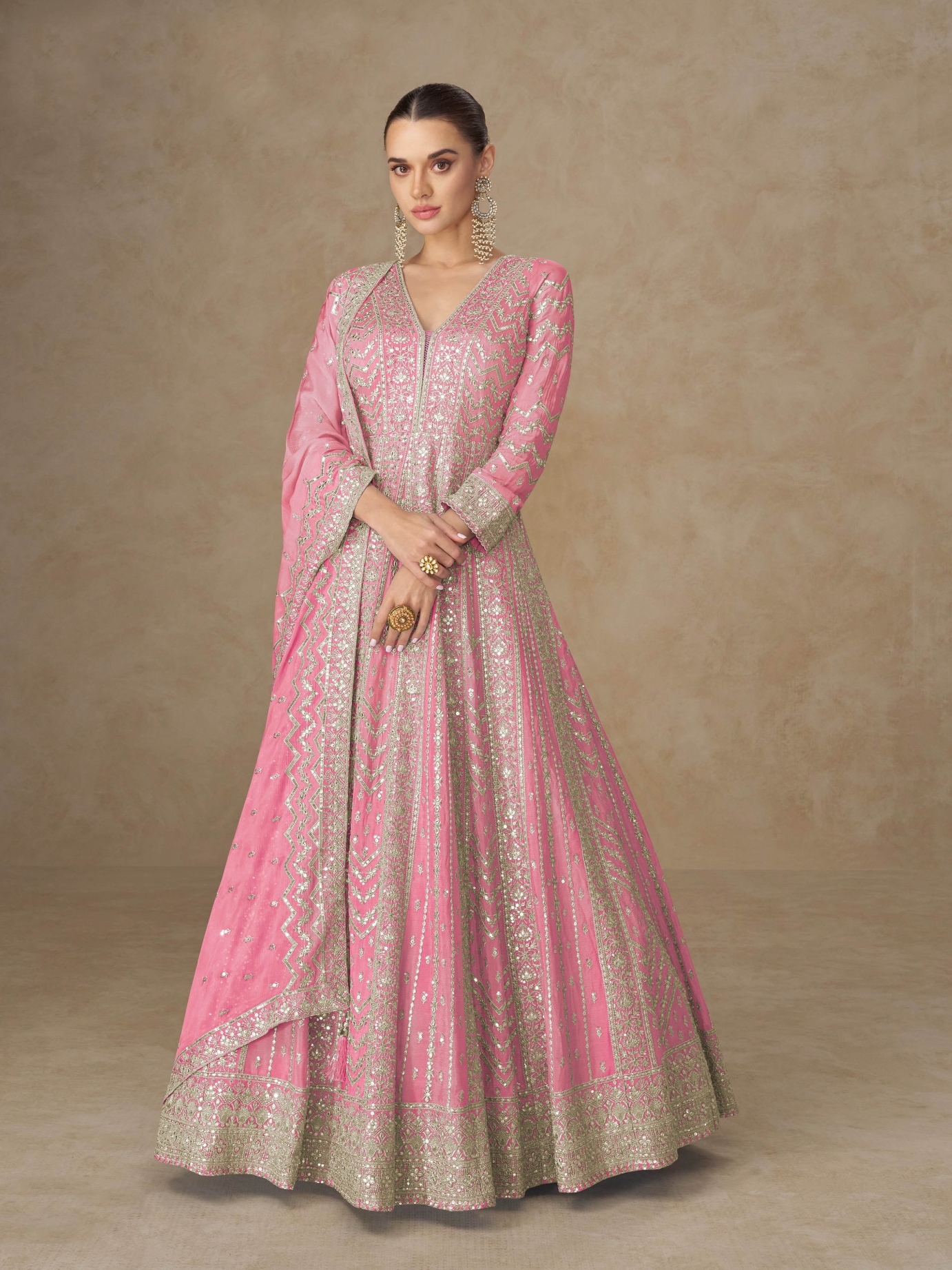 Pink Geometric Embroidery Chinon Gown