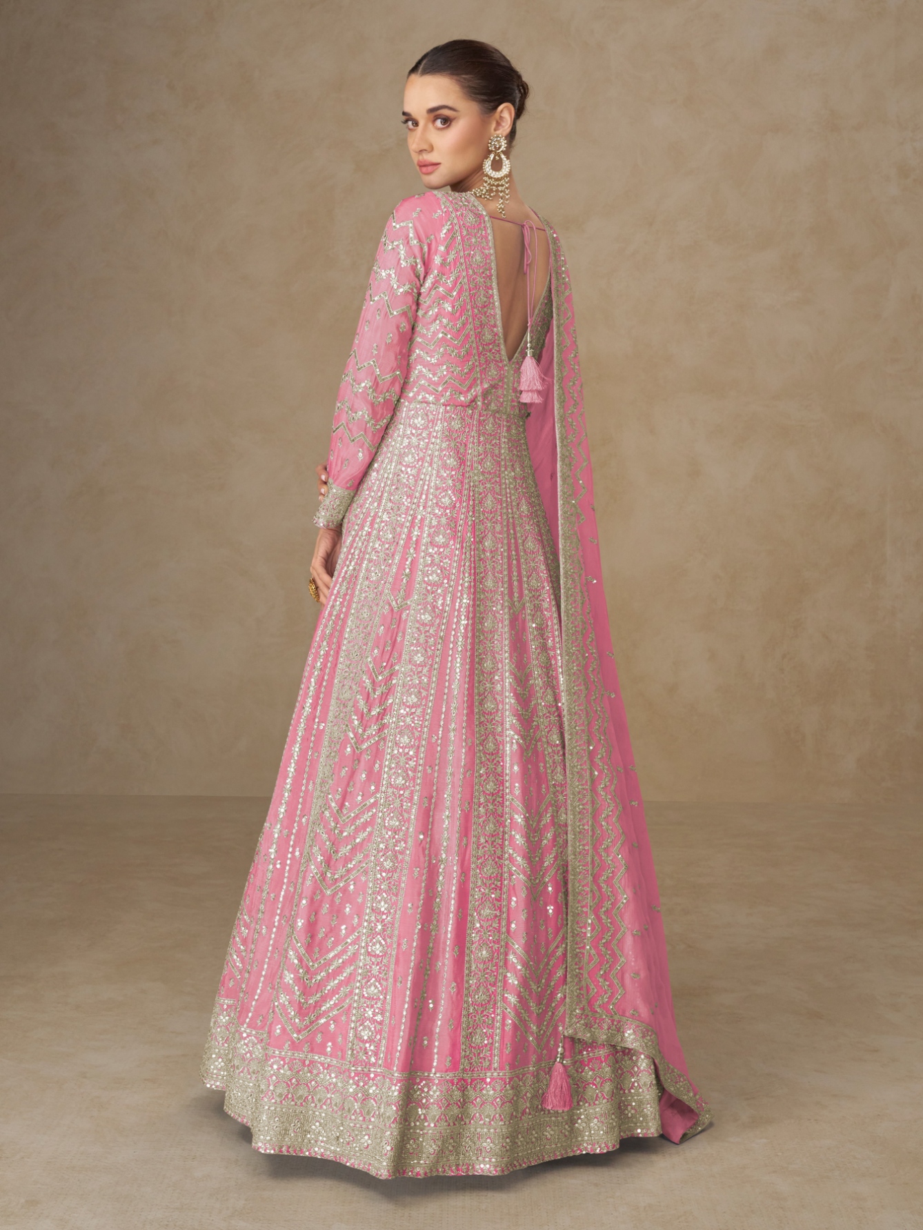 Pink Geometric Embroidery Chinon Gown