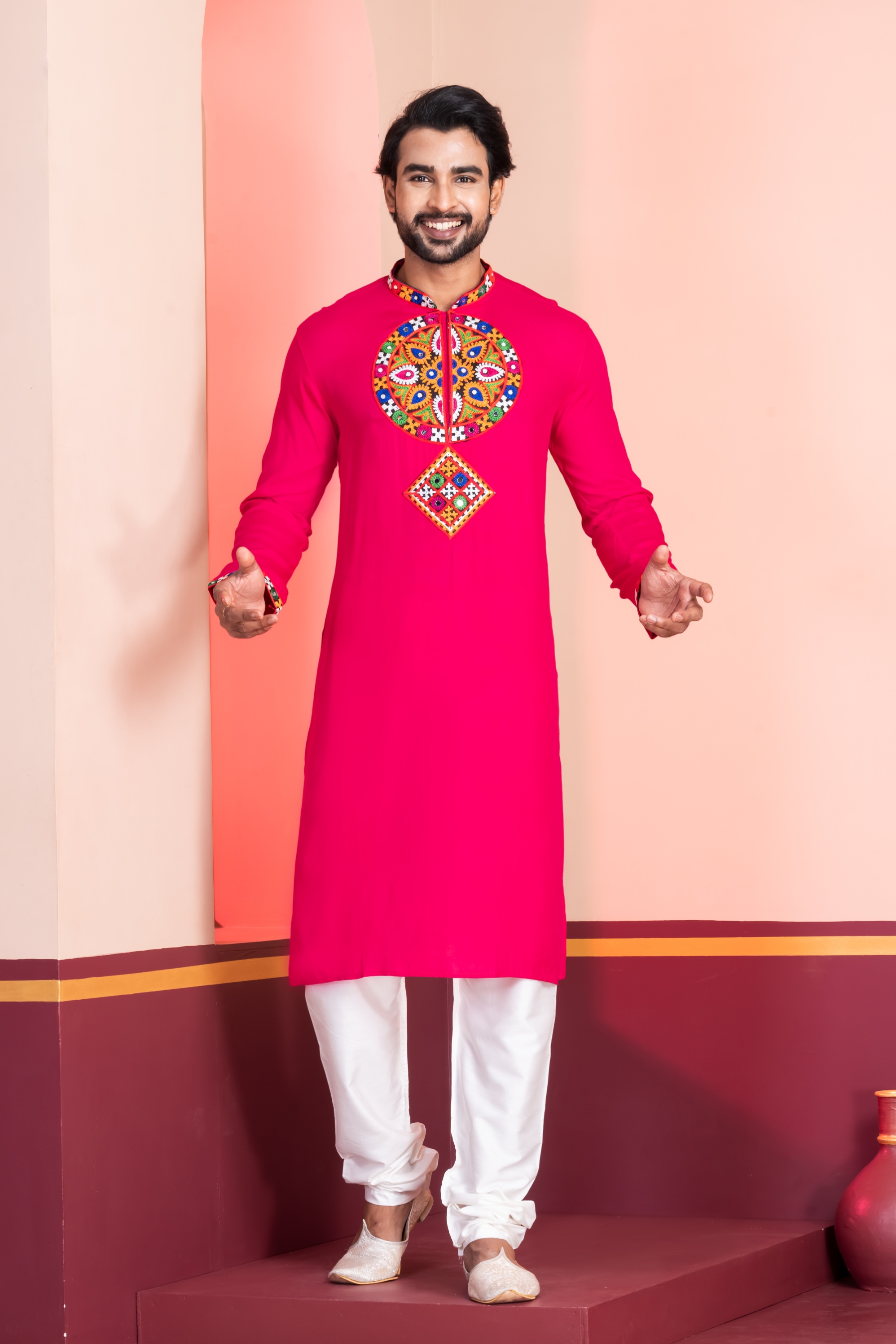 Pink Geometric Embroidery Rayon Kurta Pyjama