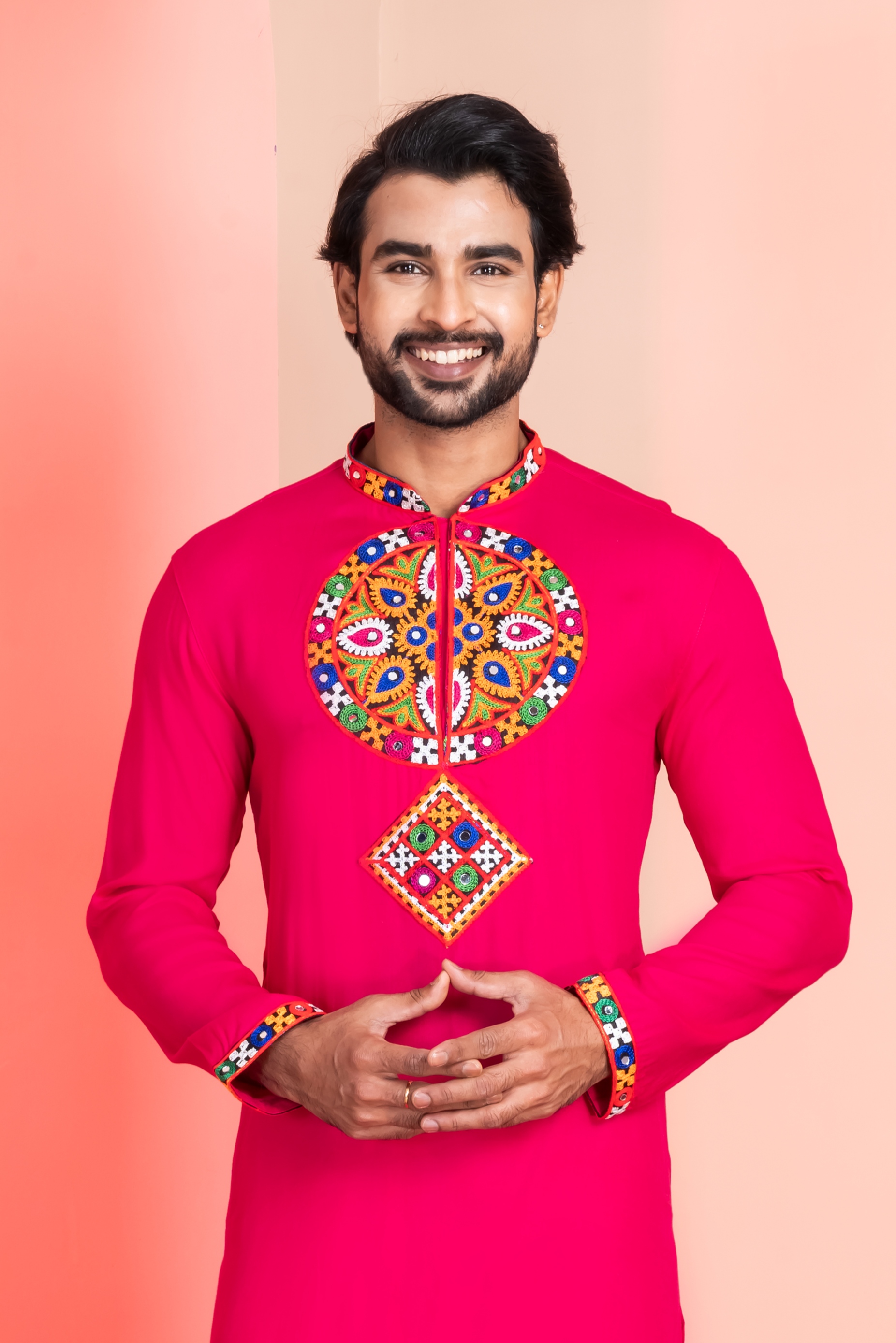 Pink Geometric Embroidery Rayon Kurta Pyjama
