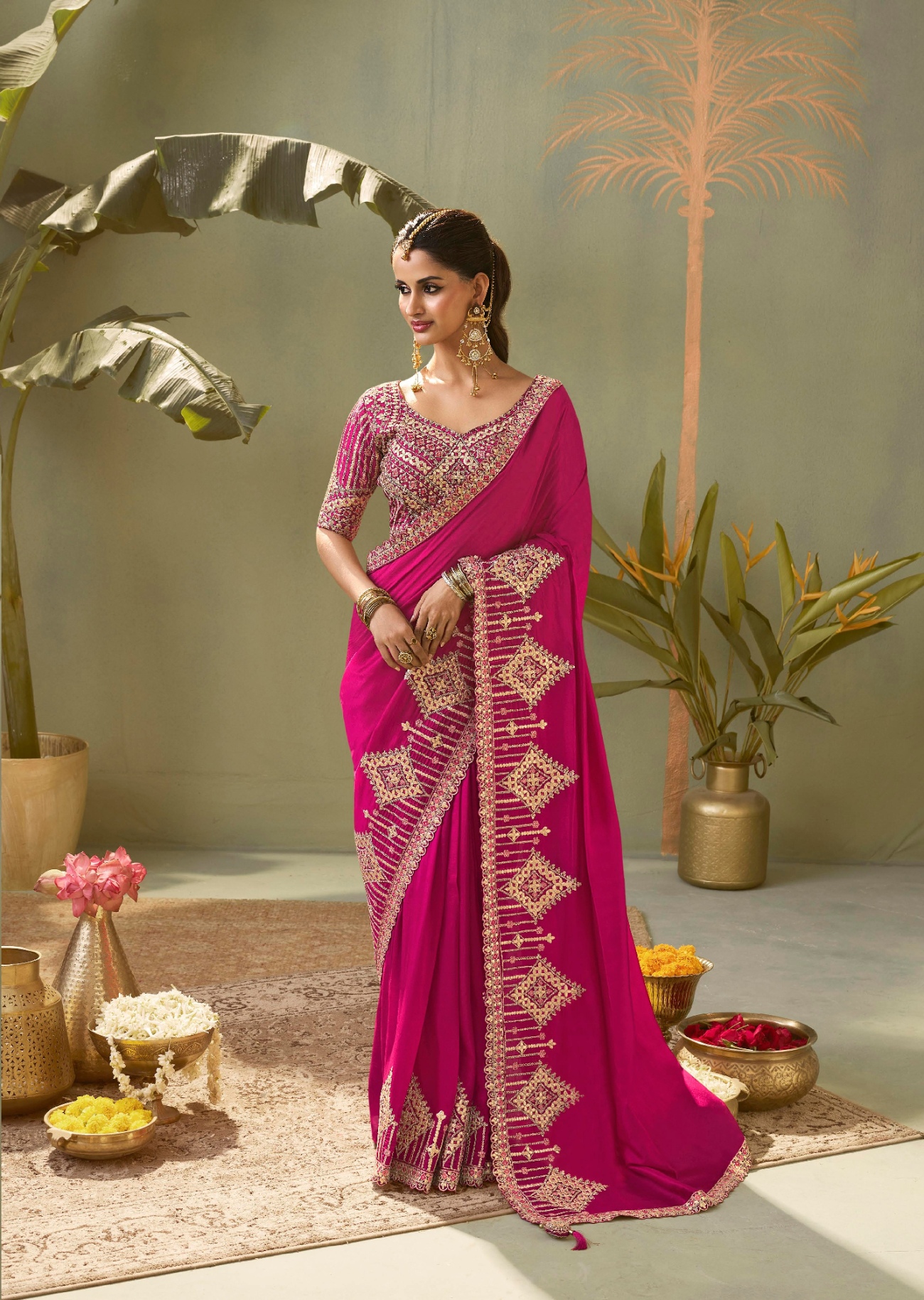 Pink Geometric Gota Patti Bamber Silk Saree