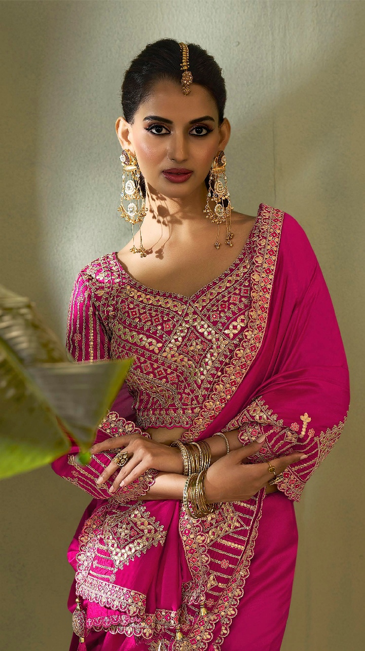 Pink Geometric Gota Patti Bamber Silk Saree