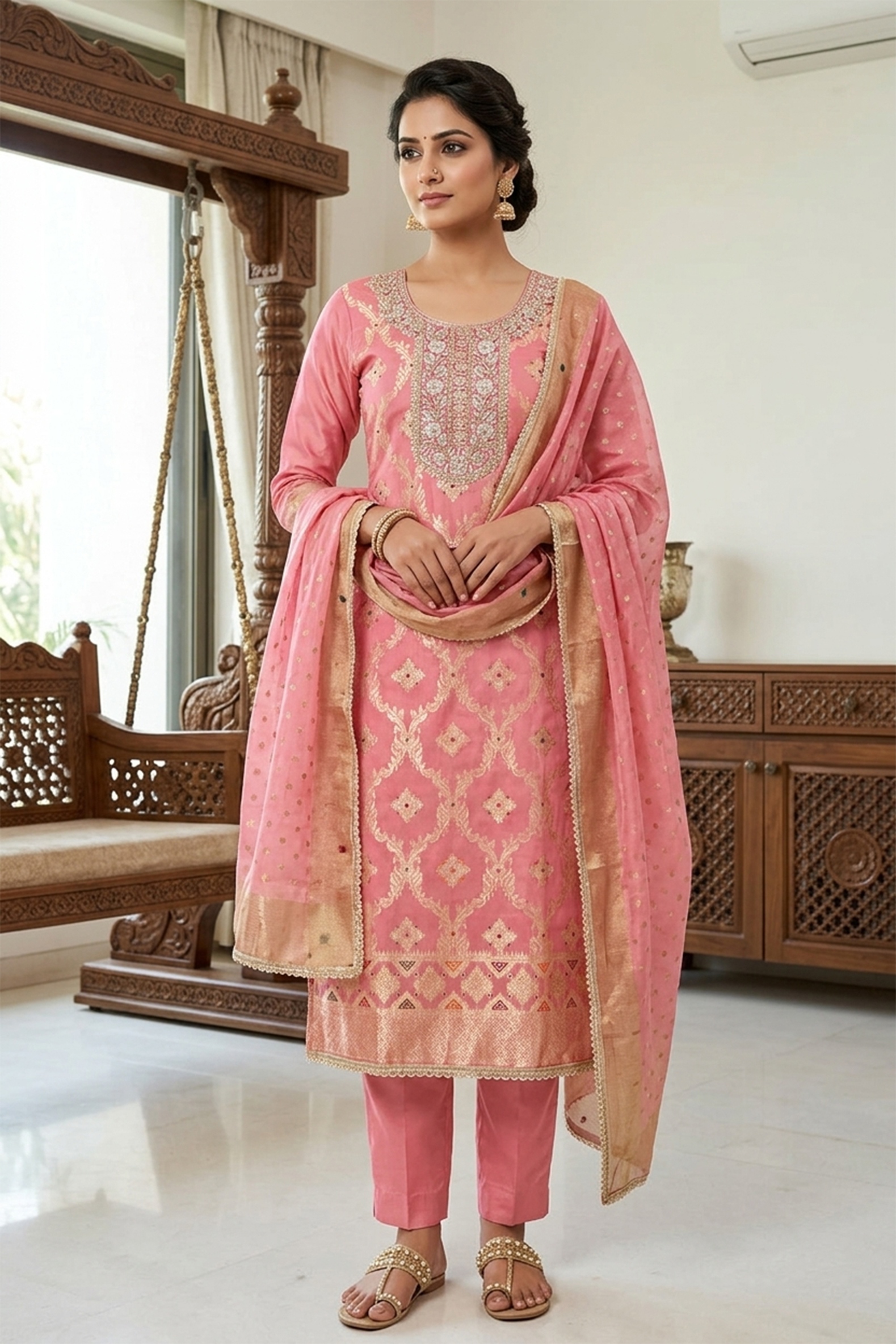 Pink Geometric Handwork Banarasi Cotton Straight Suit