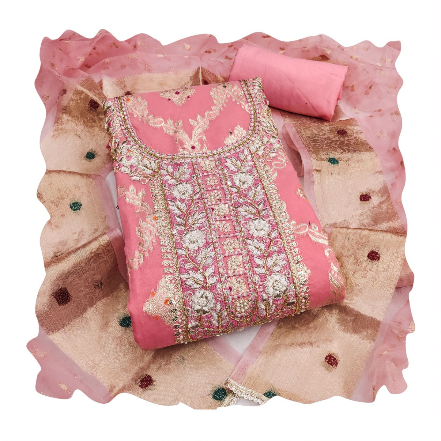 Pink Geometric Handwork Banarasi Cotton Straight Suit — alternate view