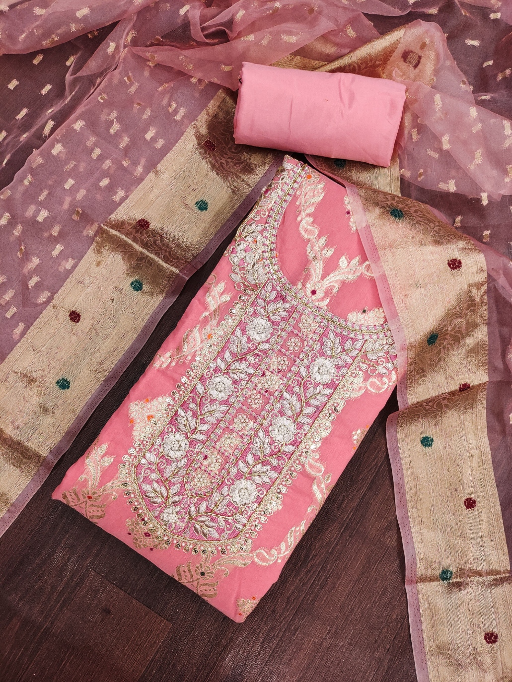 Pink Geometric Handwork Banarasi Cotton Straight Suit