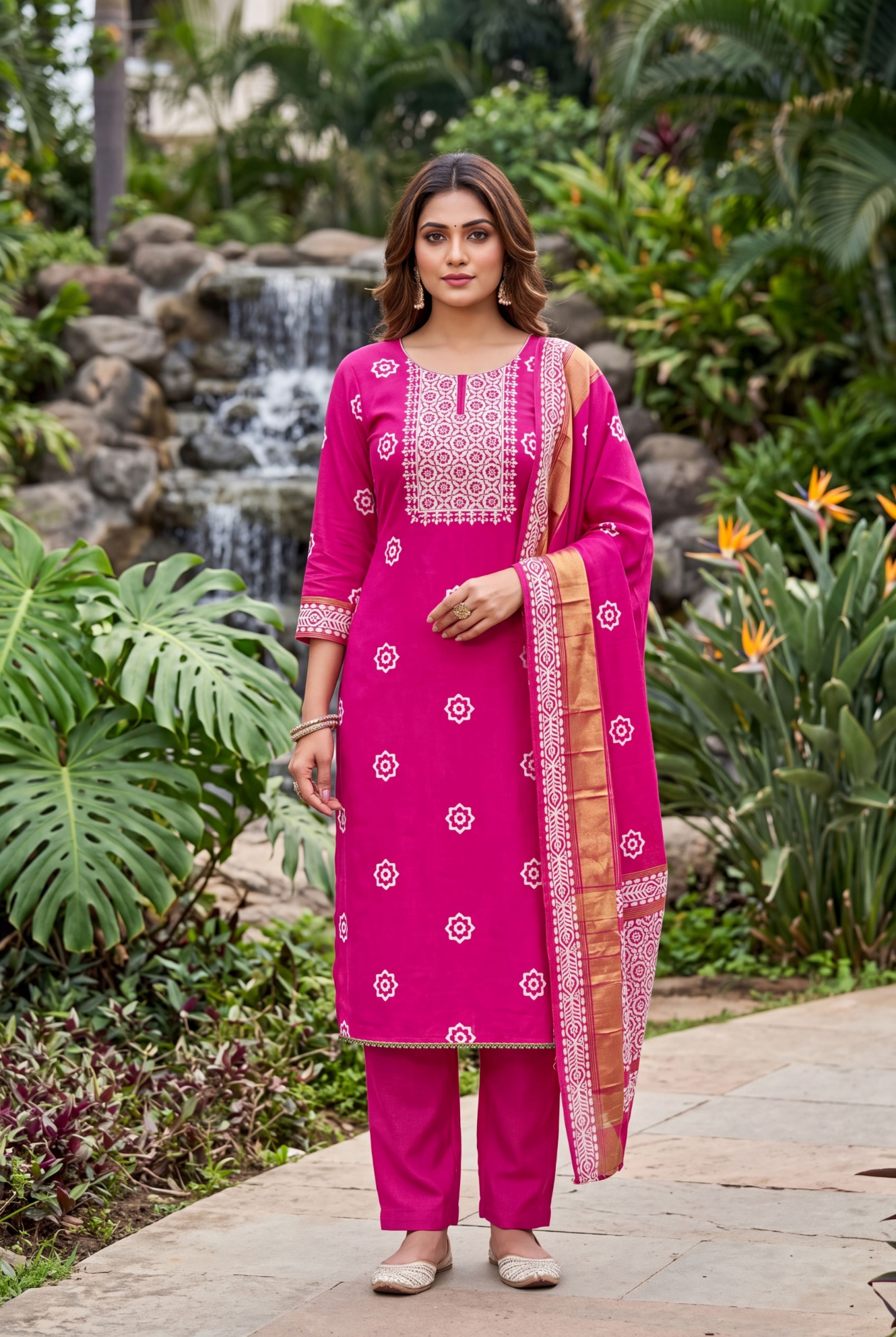 Pink Geometric Handwork Banarasi Cotton Straight Suit