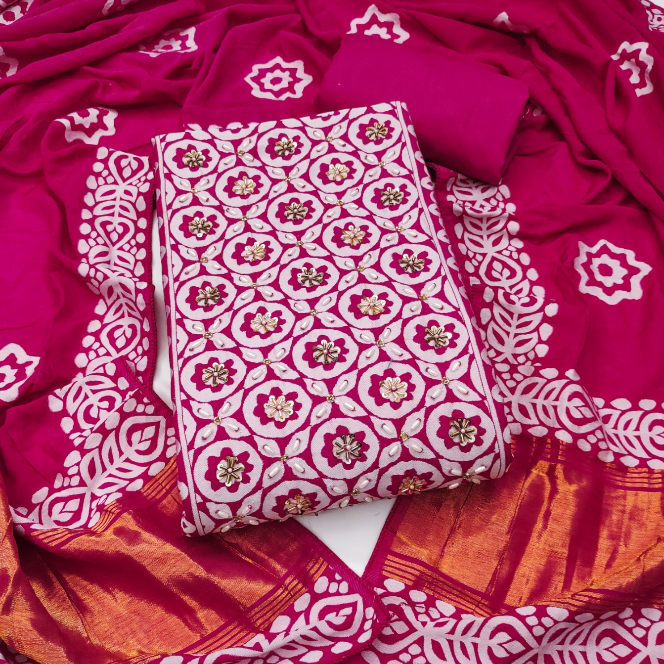 Pink Geometric Handwork Banarasi Cotton Straight Suit