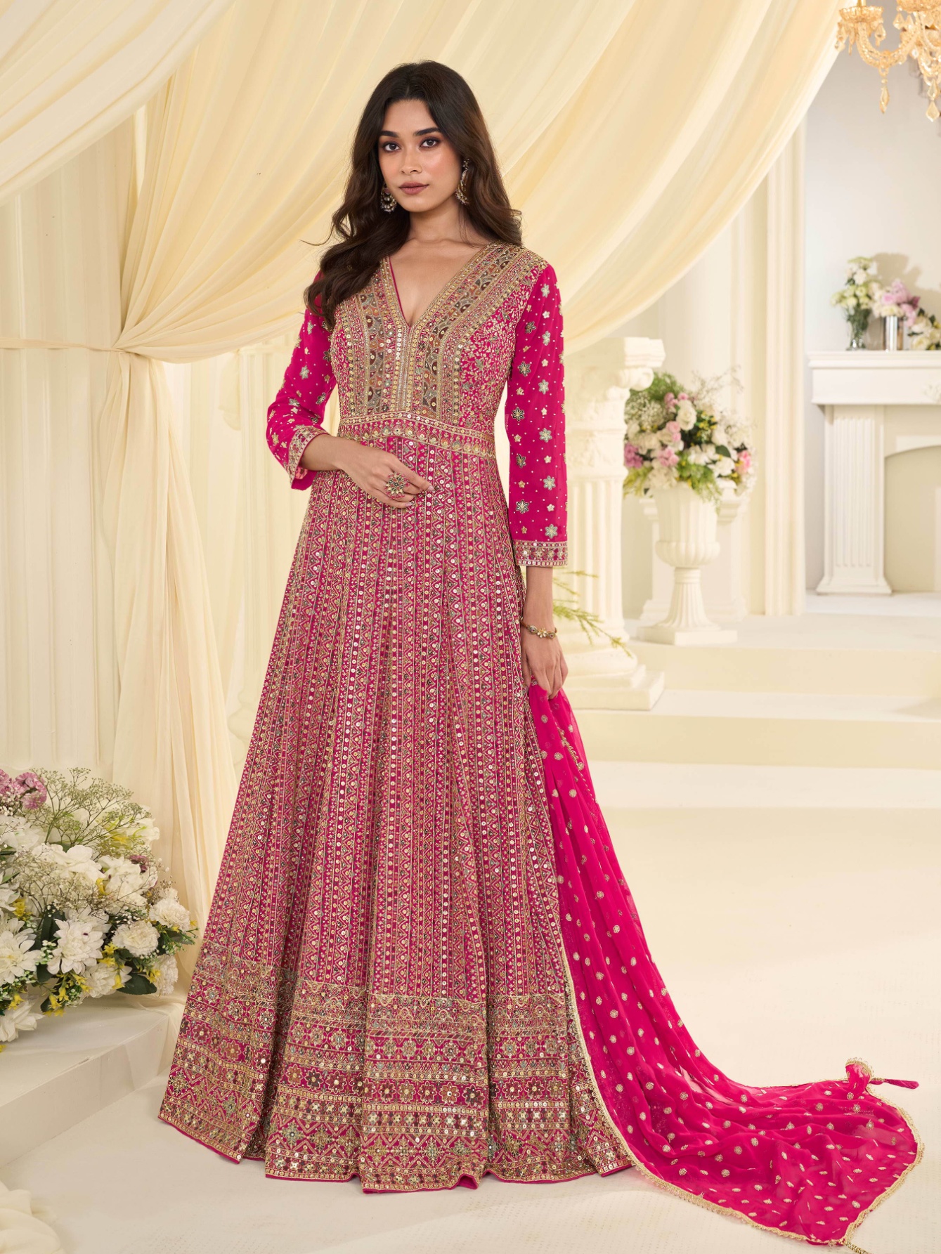 Pink Geometric Heavy Embroidery Georgette Anarkali Gown