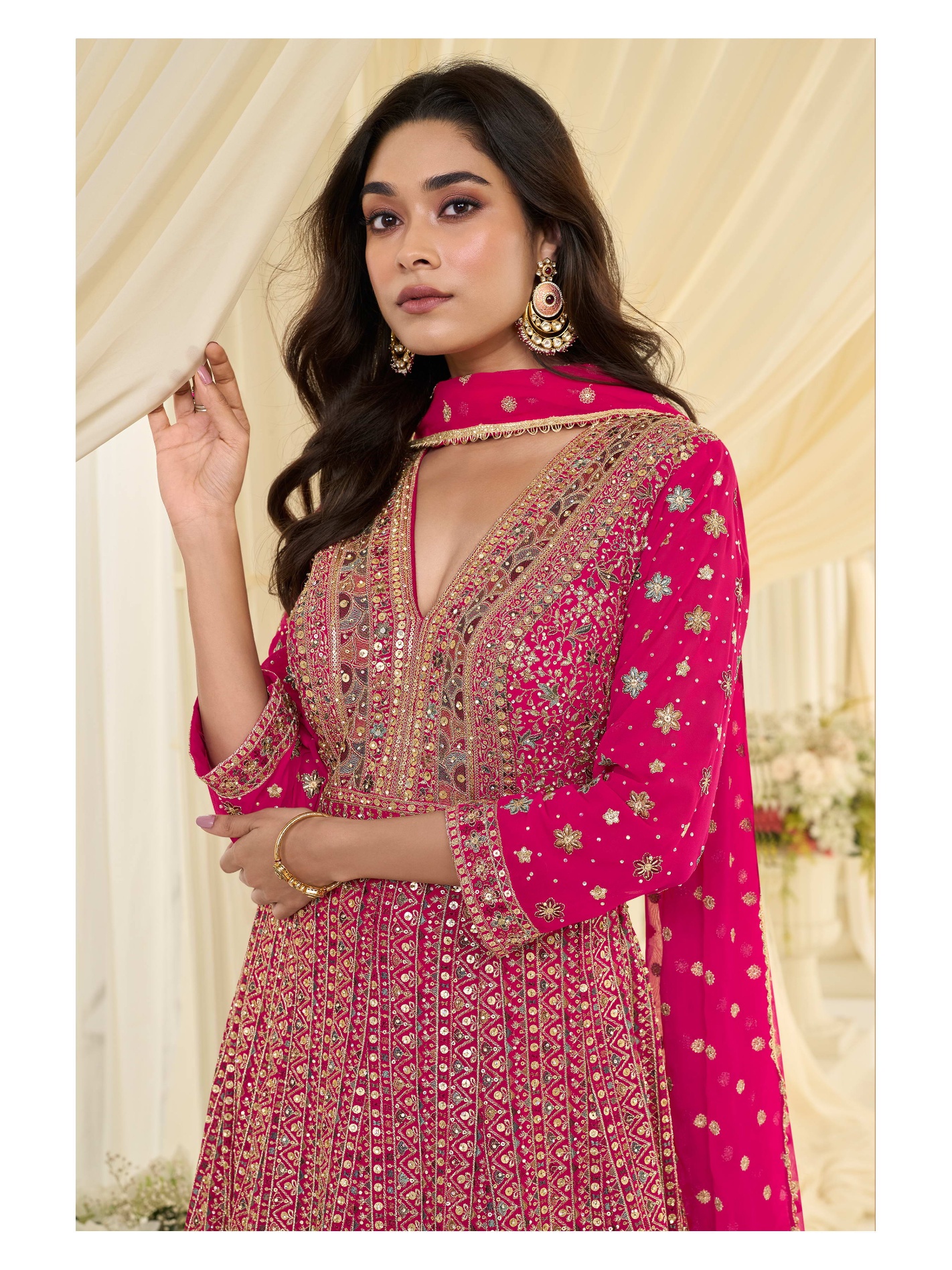 Pink Geometric Heavy Embroidery Georgette Anarkali Gown