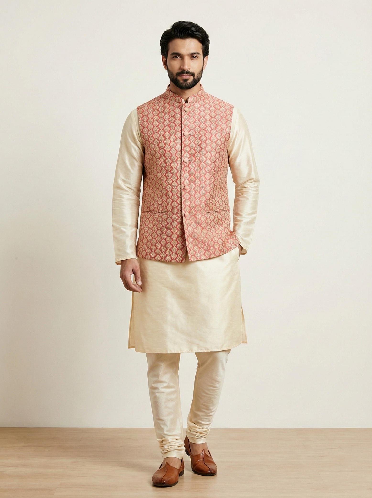 Pink Geometric Jacquard Silk Bandi Kurta Pyjama