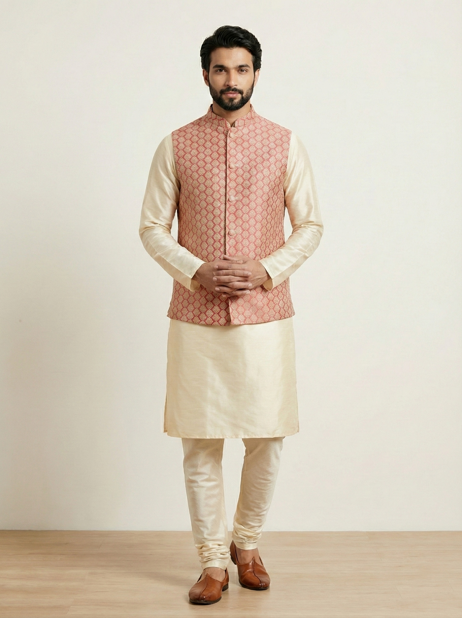 Pink Geometric Jacquard Silk Bandi Kurta Pyjama — alternate view