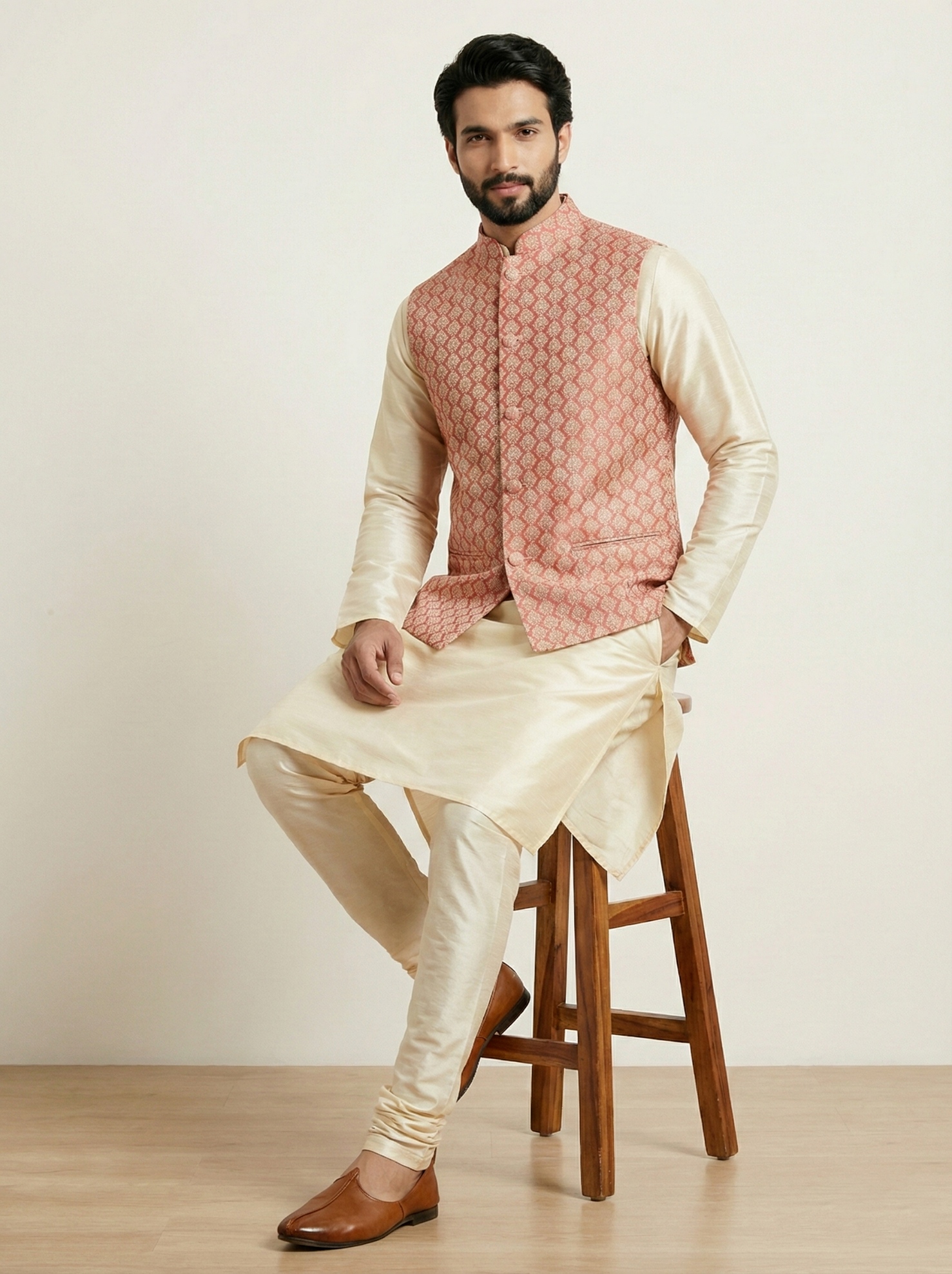 Pink Geometric Jacquard Silk Bandi Kurta Pyjama