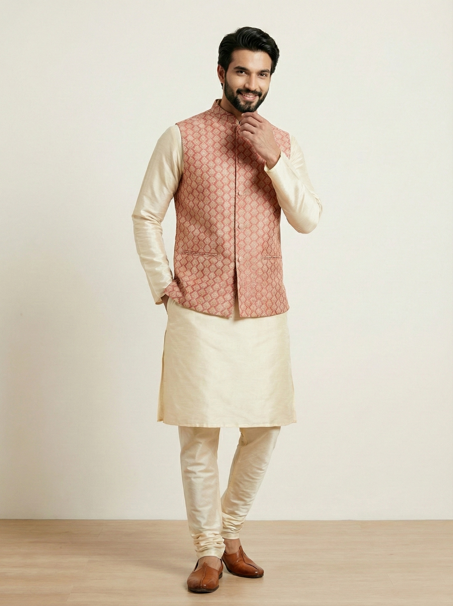 Pink Geometric Jacquard Silk Bandi Kurta Pyjama