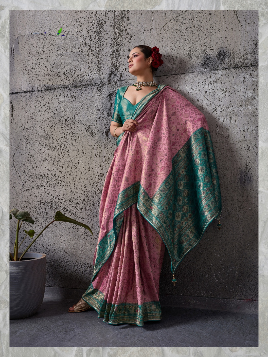 Pink Geometric Meenakari Kanjivaram Silk Saree — alternate view
