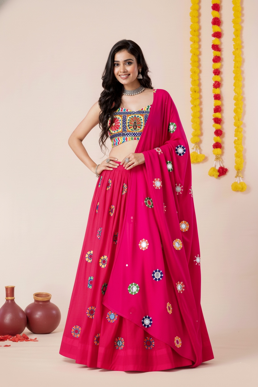 Pink Geometric Mirror Embroidery Rayon Umbrella Lehenga Choli