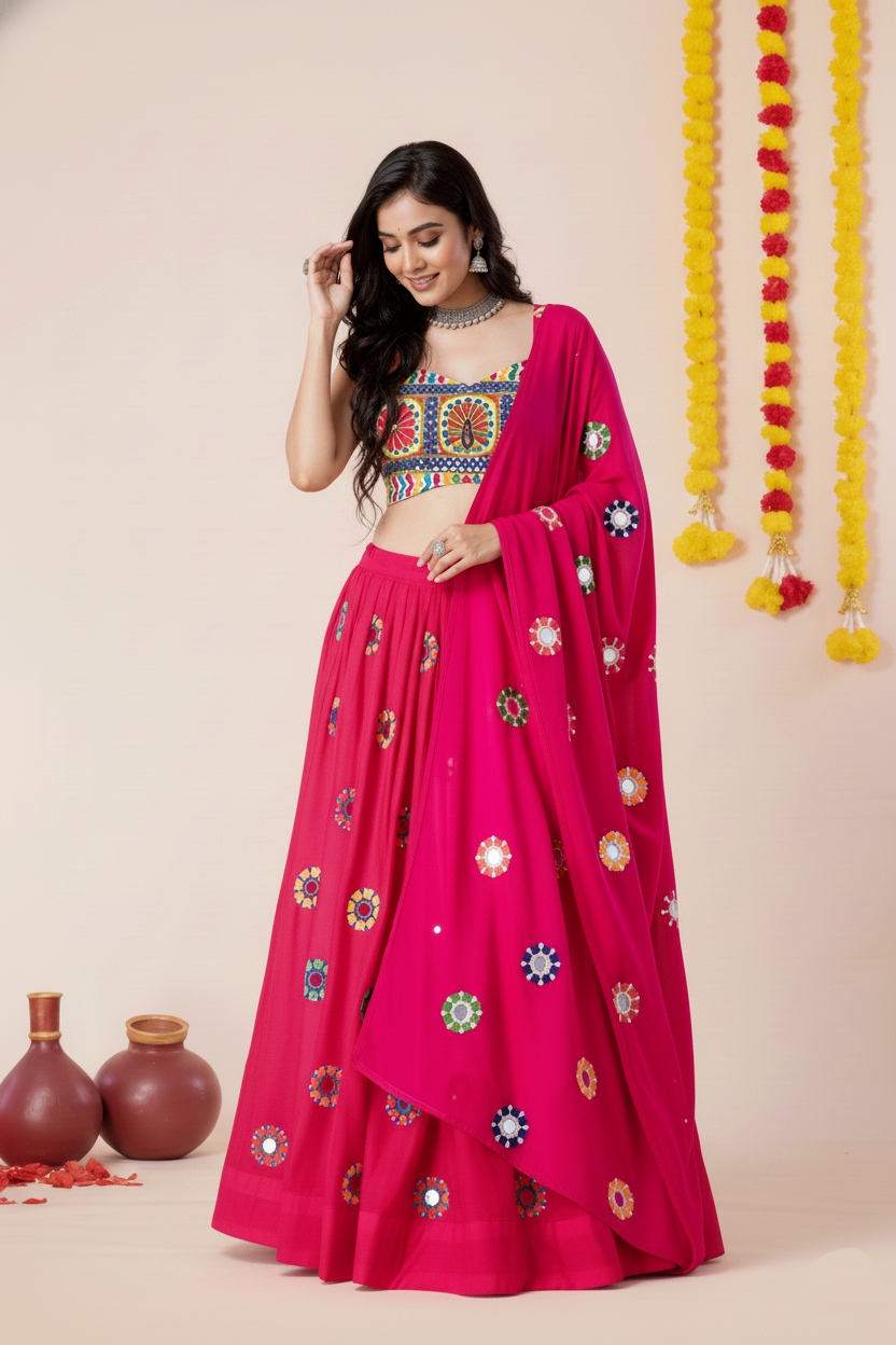 Pink Geometric Mirror Embroidery Rayon Umbrella Lehenga Choli — alternate view