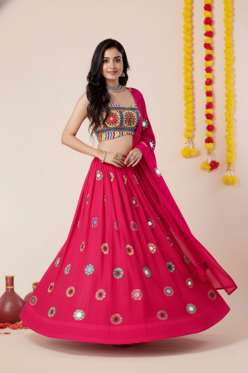 Pink Geometric Mirror Embroidery Rayon Umbrella Lehenga Choli