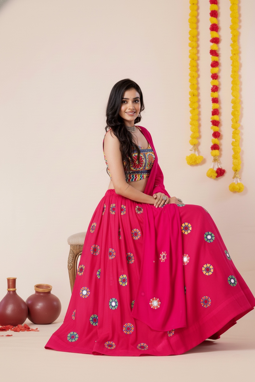 Pink Geometric Mirror Embroidery Rayon Umbrella Lehenga Choli