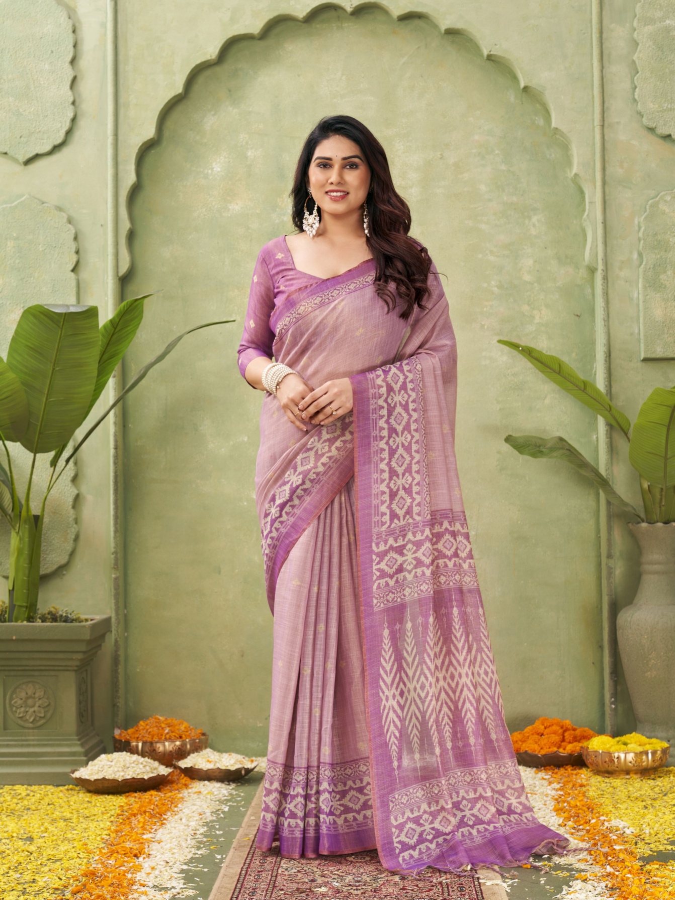 Pink Geometric Print Jute Linen Saree