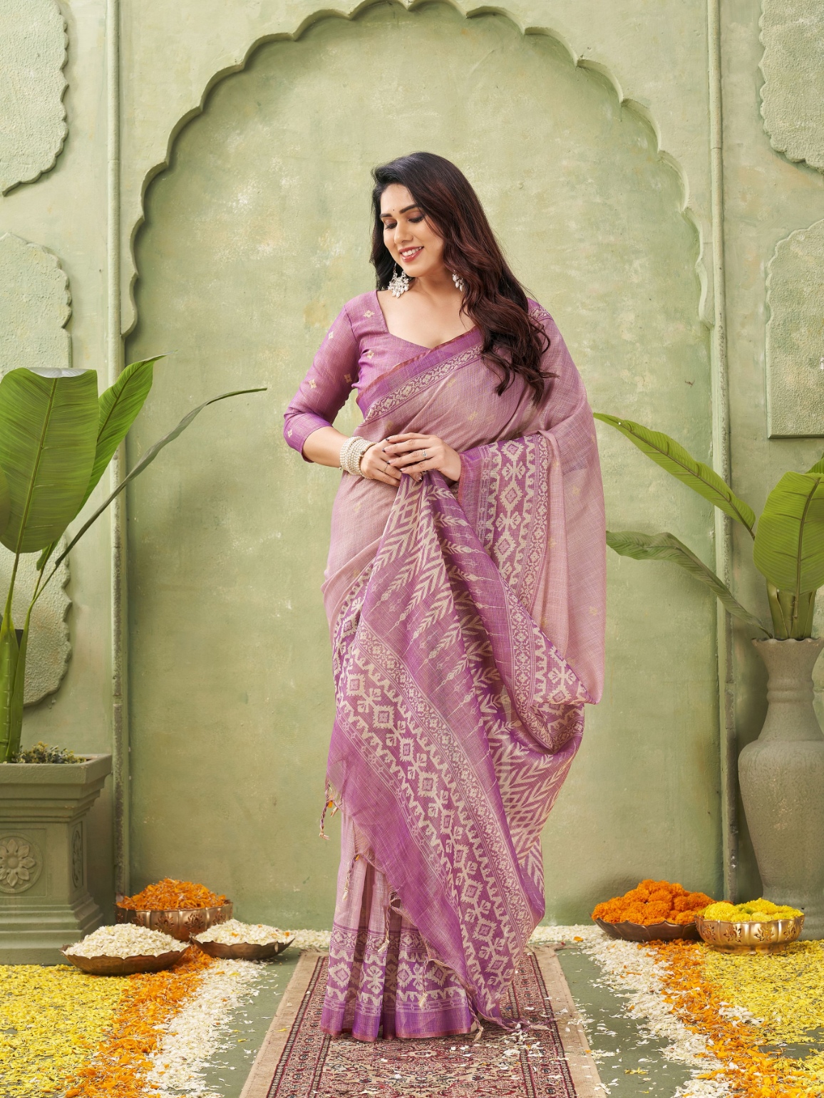 Pink Geometric Print Jute Linen Saree