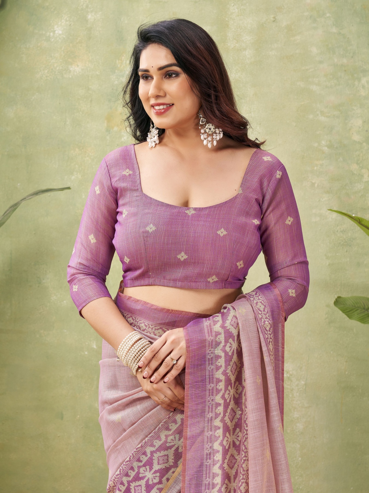 Pink Geometric Print Jute Linen Saree