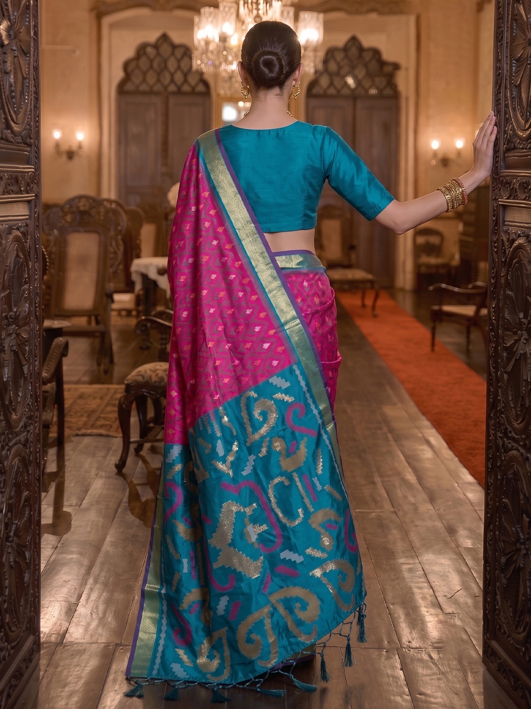 Pink Geometric Printed Work Soft Silk Saree — alternate view