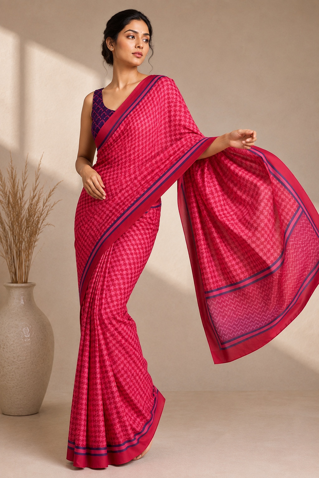 Pink Geometric Silk Ready To Wear Saree