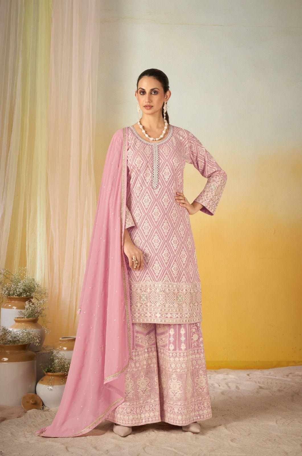 Pink Geometric Thread Embroidered Georgette Palazzo Suit
