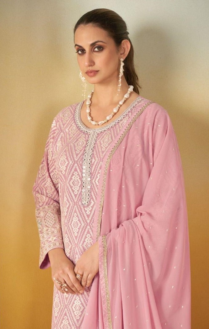 Pink Geometric Thread Embroidered Georgette Palazzo Suit — alternate view