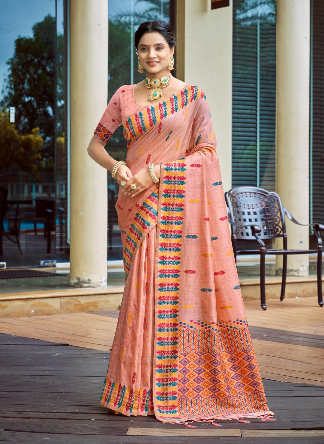 Pink Geometric Woven Designer Assam Silk Saree