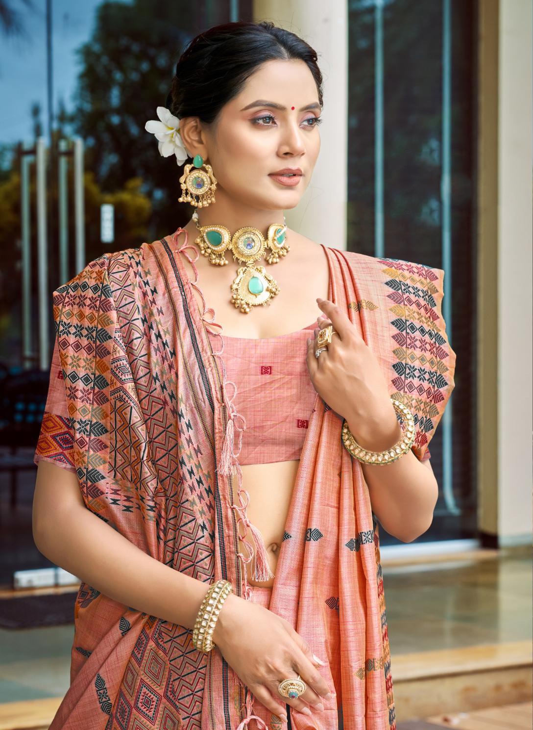 Pink Geometric Woven Designer Assam Silk Saree