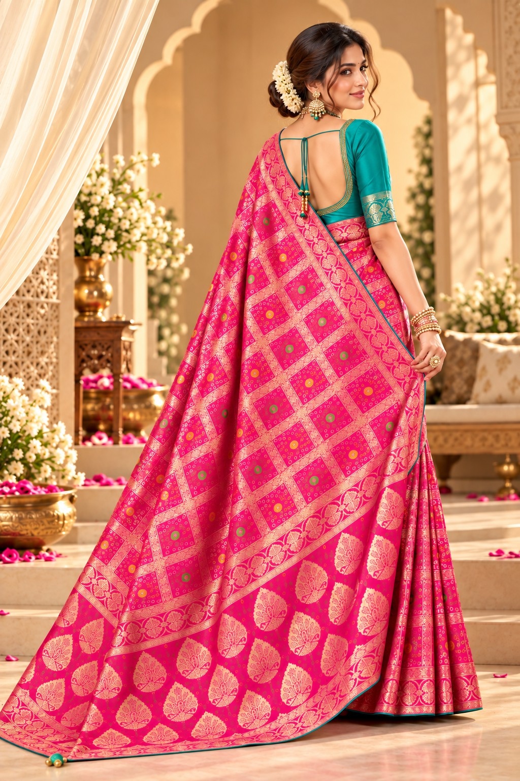 Pink Geometric Woven Zari Satin Silk Saree — alternate view