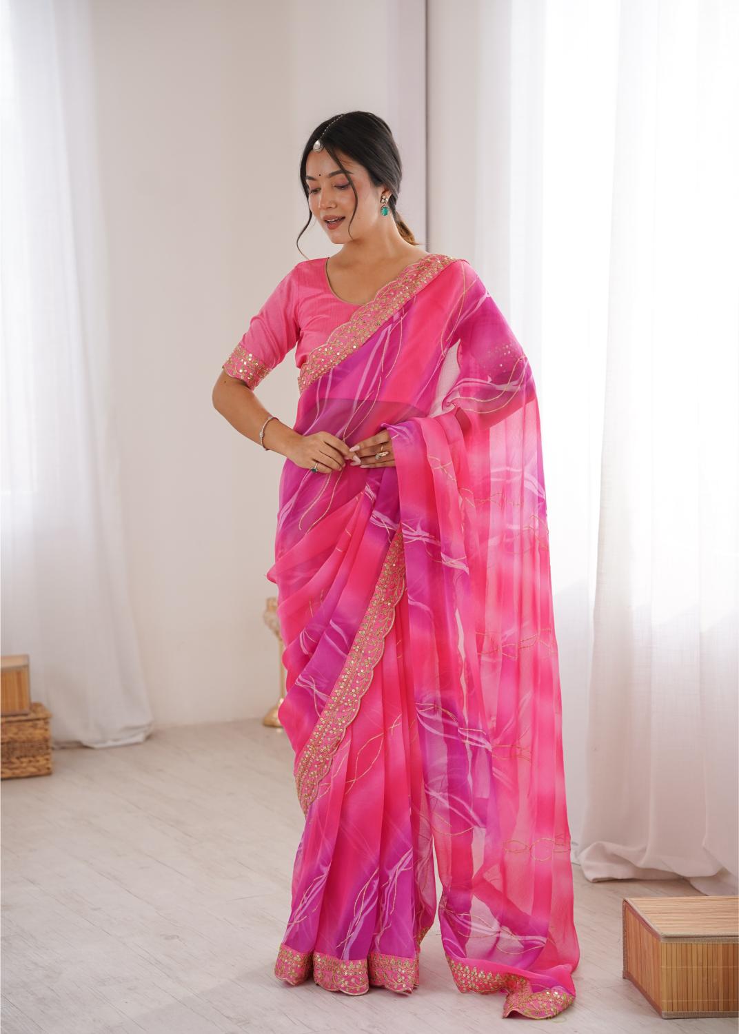 Pink Georgette Chiffon Gold Foil Saree
