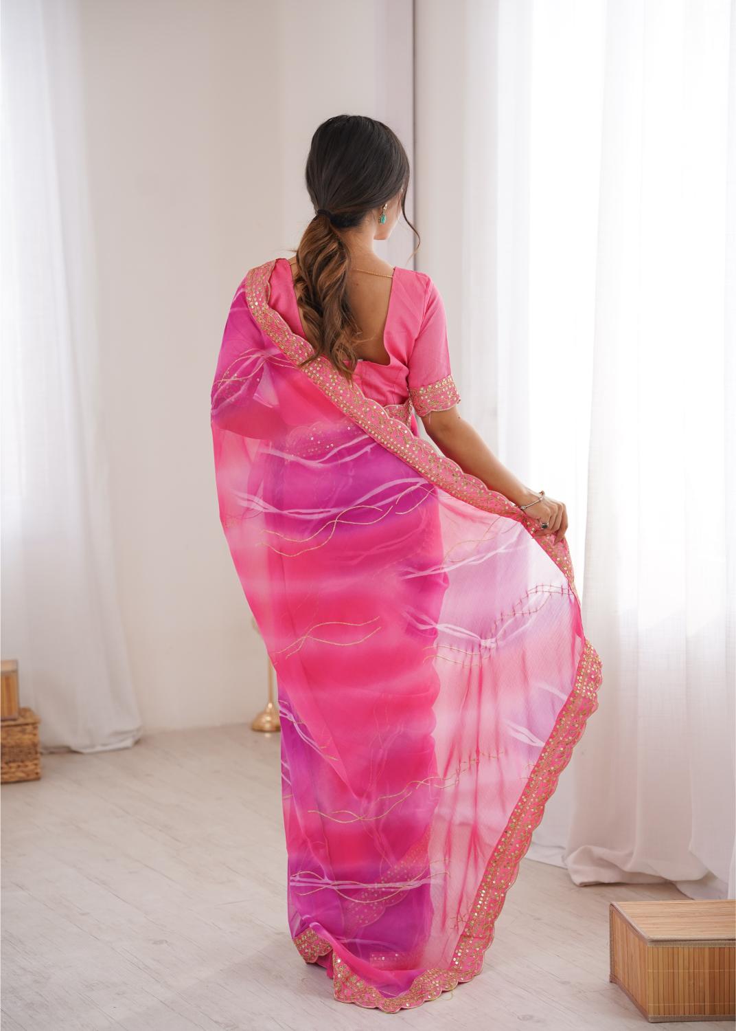 Pink Georgette Chiffon Gold Foil Saree — alternate view