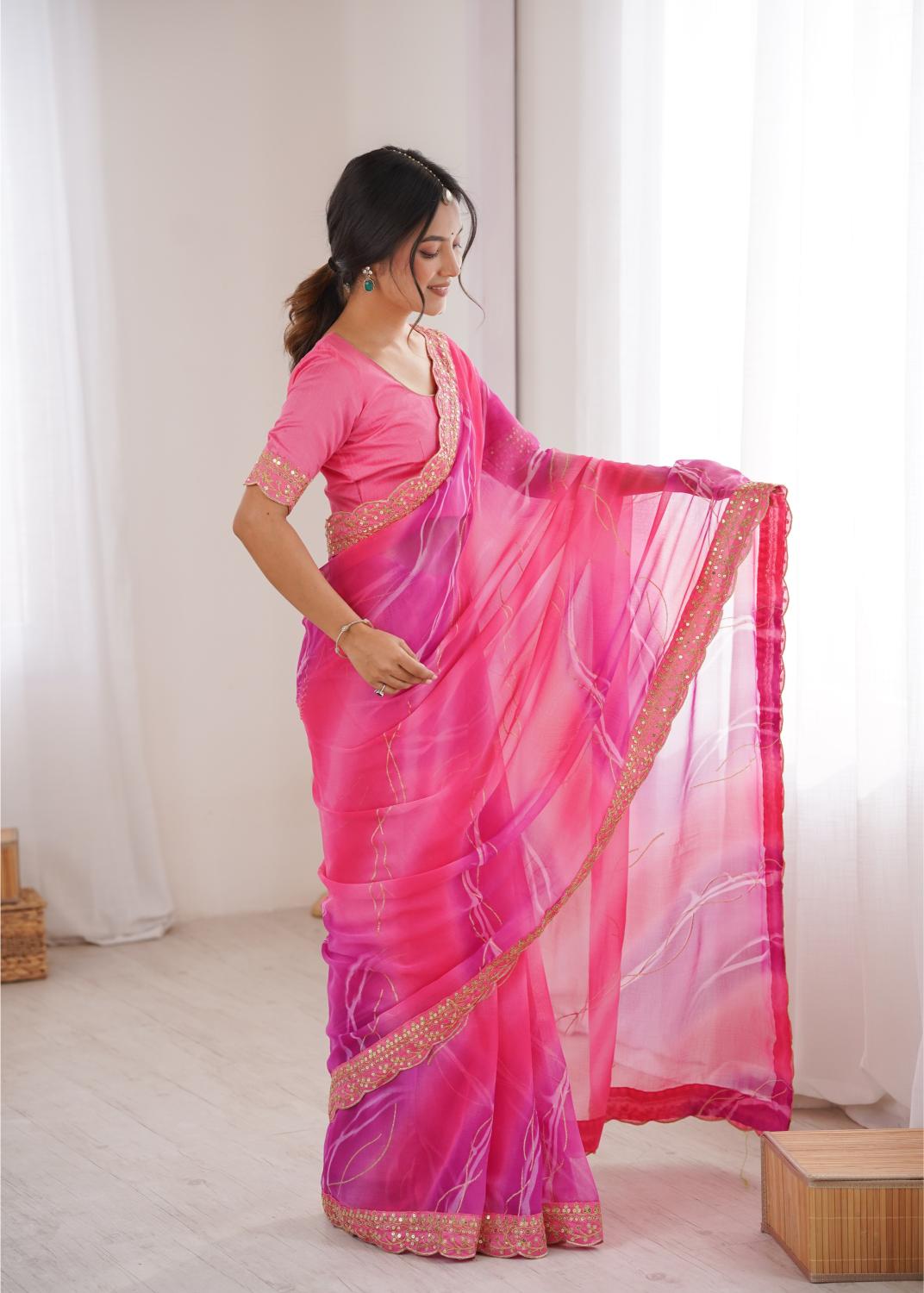Pink Georgette Chiffon Gold Foil Saree