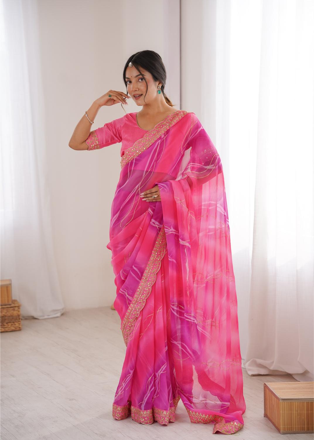 Pink Georgette Chiffon Gold Foil Saree
